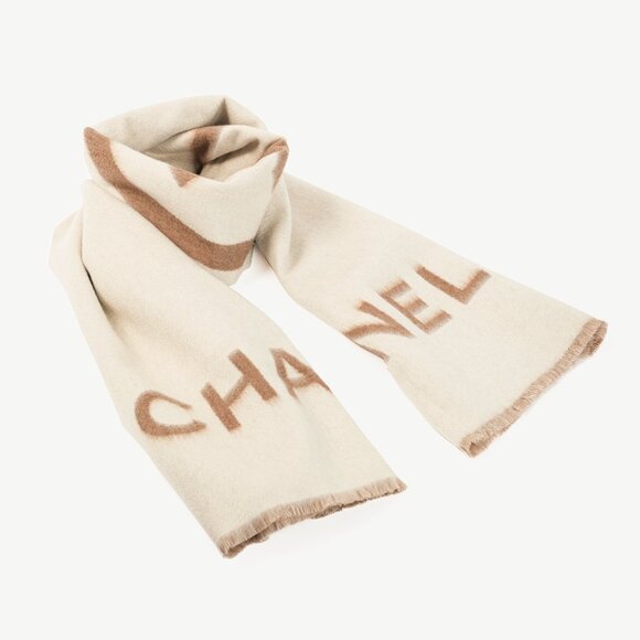 Chanel Brown and White Two-Tone Cashmere CC Logo Blank Shawl - Picture 1 of 5